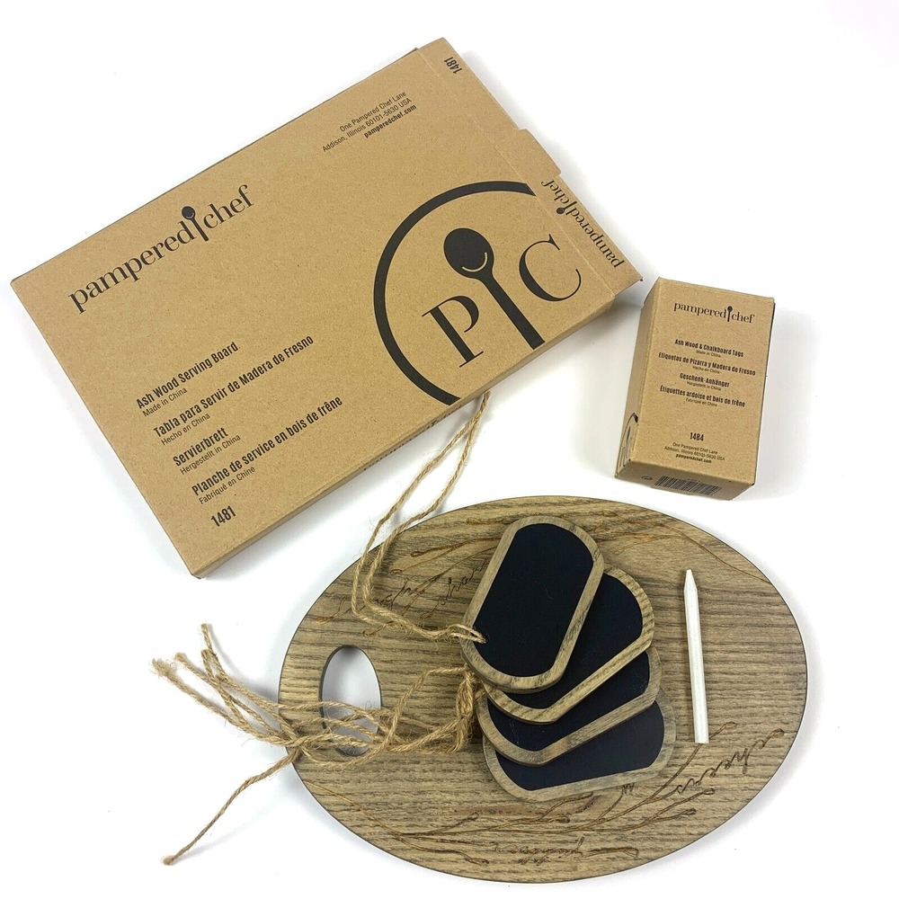 Pampered Chef Ash Wood Serving Board & Ash Wood & Chalkboard Tags